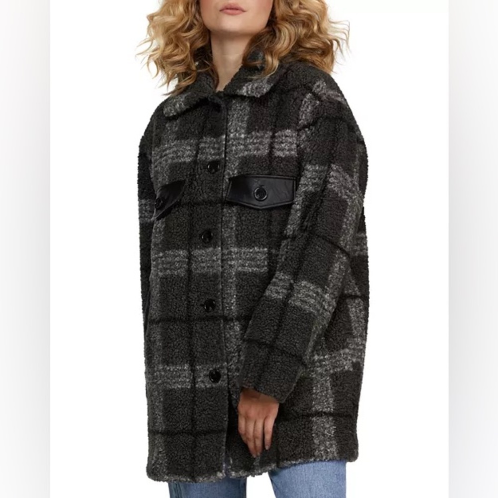 NVLT Shacket Plaid Faux Leather Trim Coat Berber teddy bear plaid sz lg